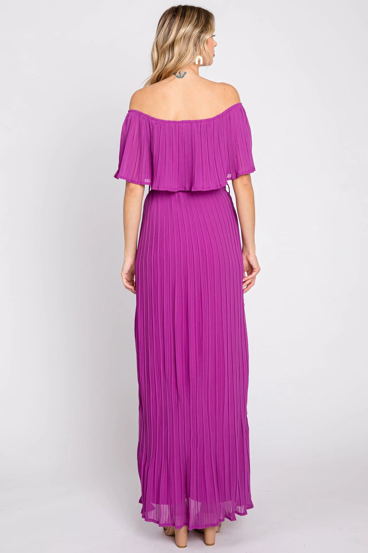 PinkBlush Purple Pleated Off Shoulder Maxi Dress - 
