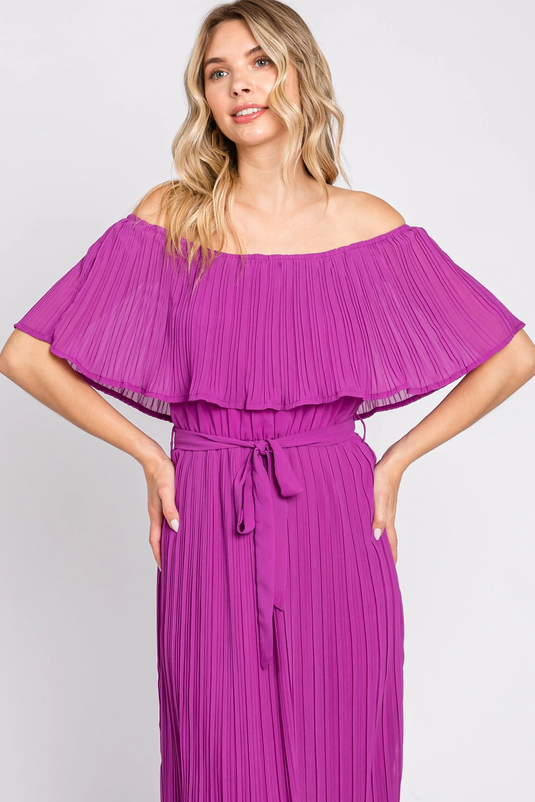 PinkBlush Purple Pleated Off Shoulder Maxi Dress - 