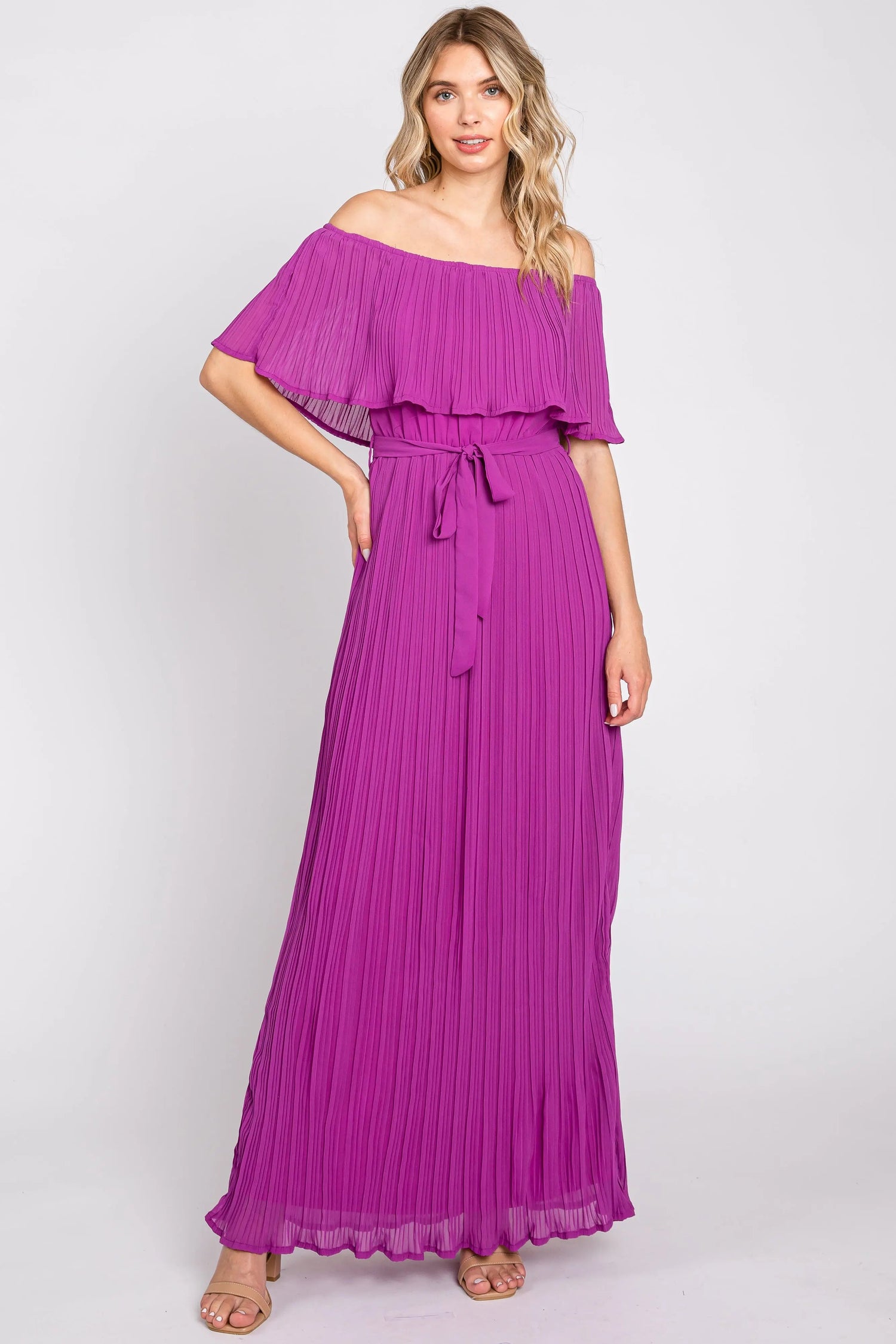 PinkBlush Purple Pleated Off Shoulder Maxi Dress - 