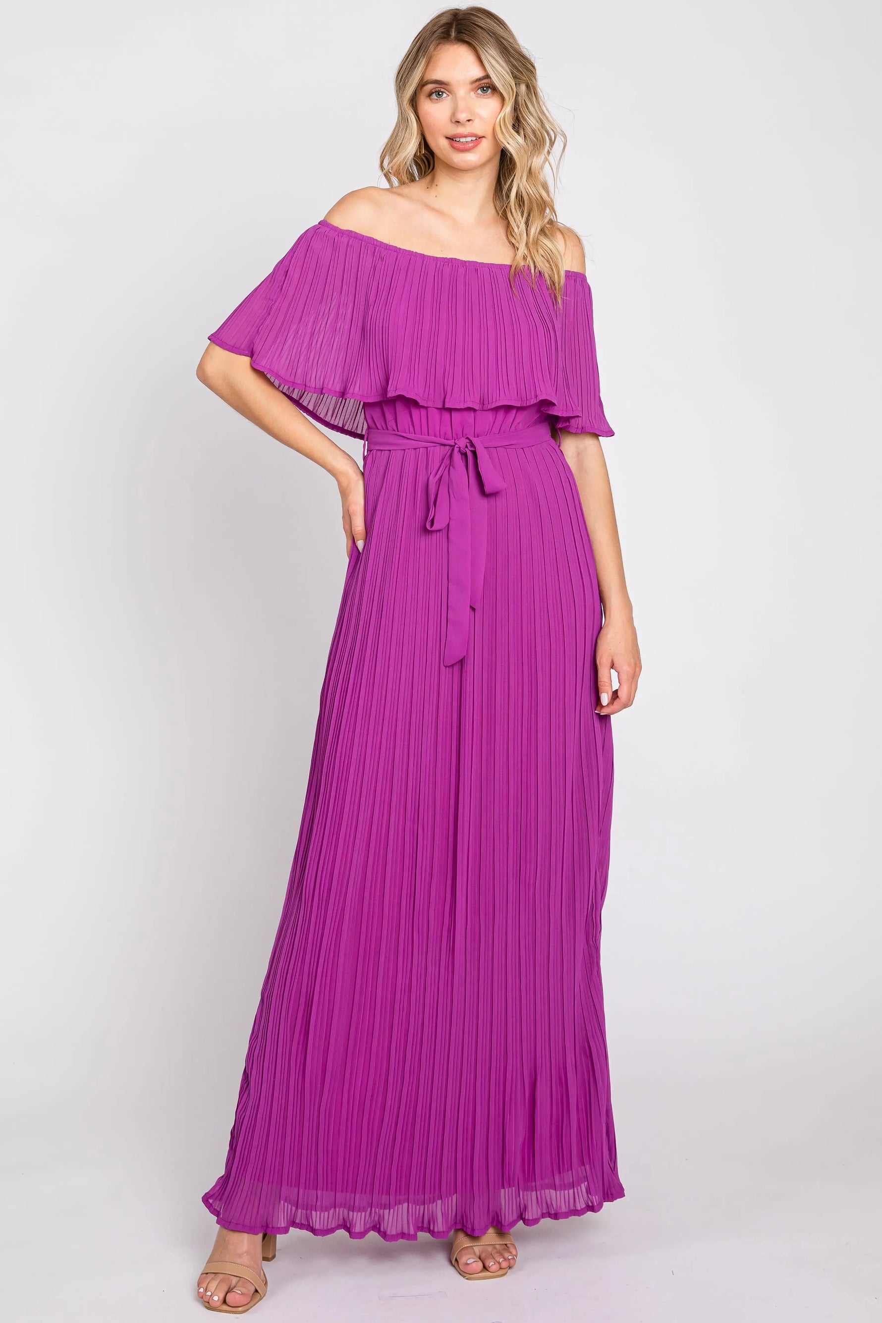 PinkBlush Purple Pleated Off Shoulder Maxi Dress - 
