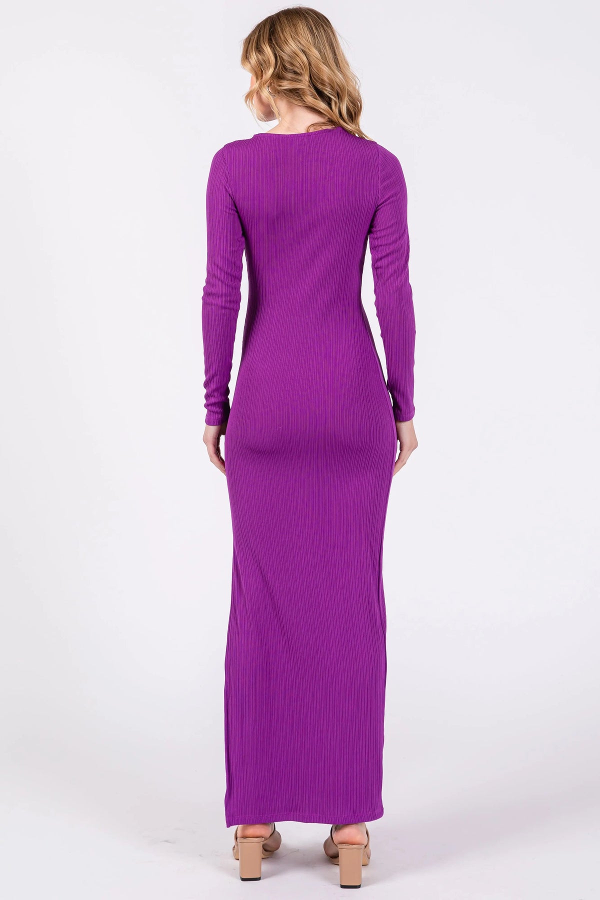 PinkBlush Purple Ribbed Long Sleeve Side Slit Maxi Dress - 
