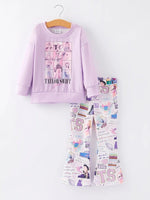 Rylee Faith Designs Purple Top And TS Print Bell Bottom Pants Girls Set - Everetts Place Boutique - 