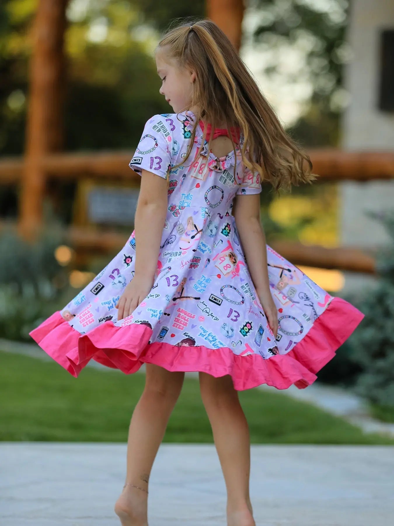 Rylee Faith Designs Purple TS Print Ruffle Girls' Short Sleeve Dress - 