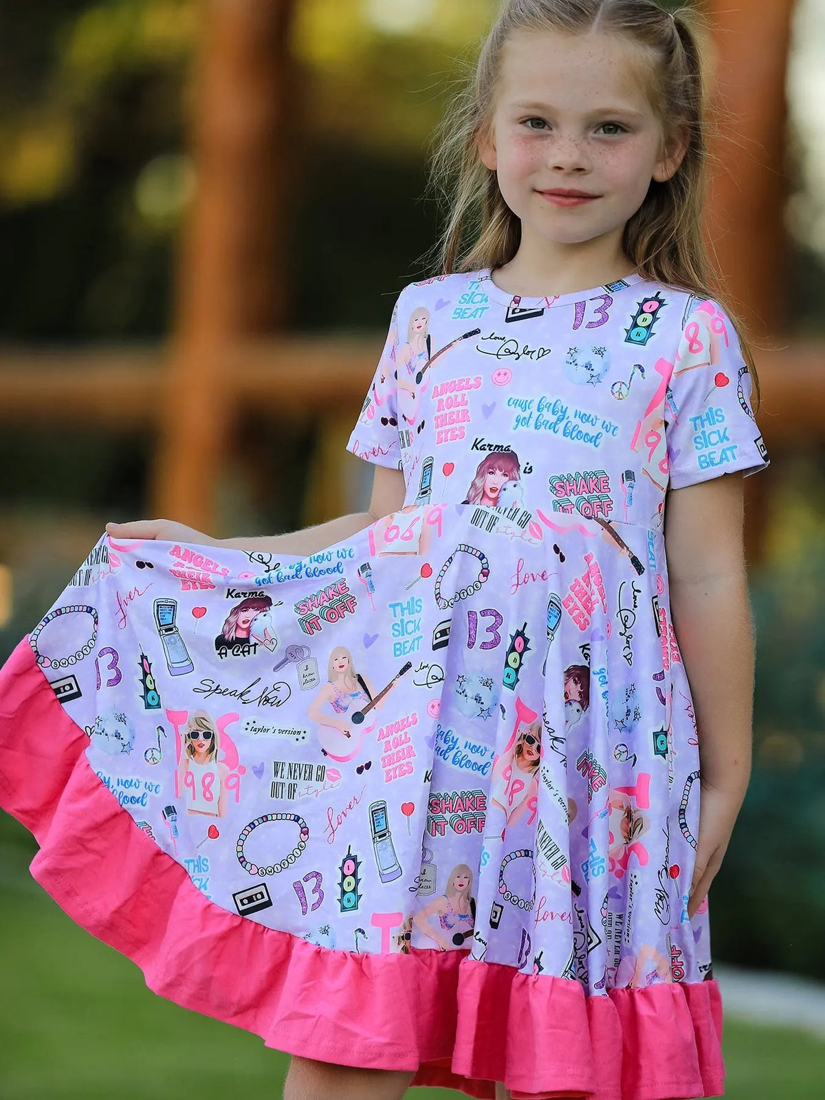 Rylee Faith Designs Purple TS Print Ruffle Girls' Short Sleeve Dress - 