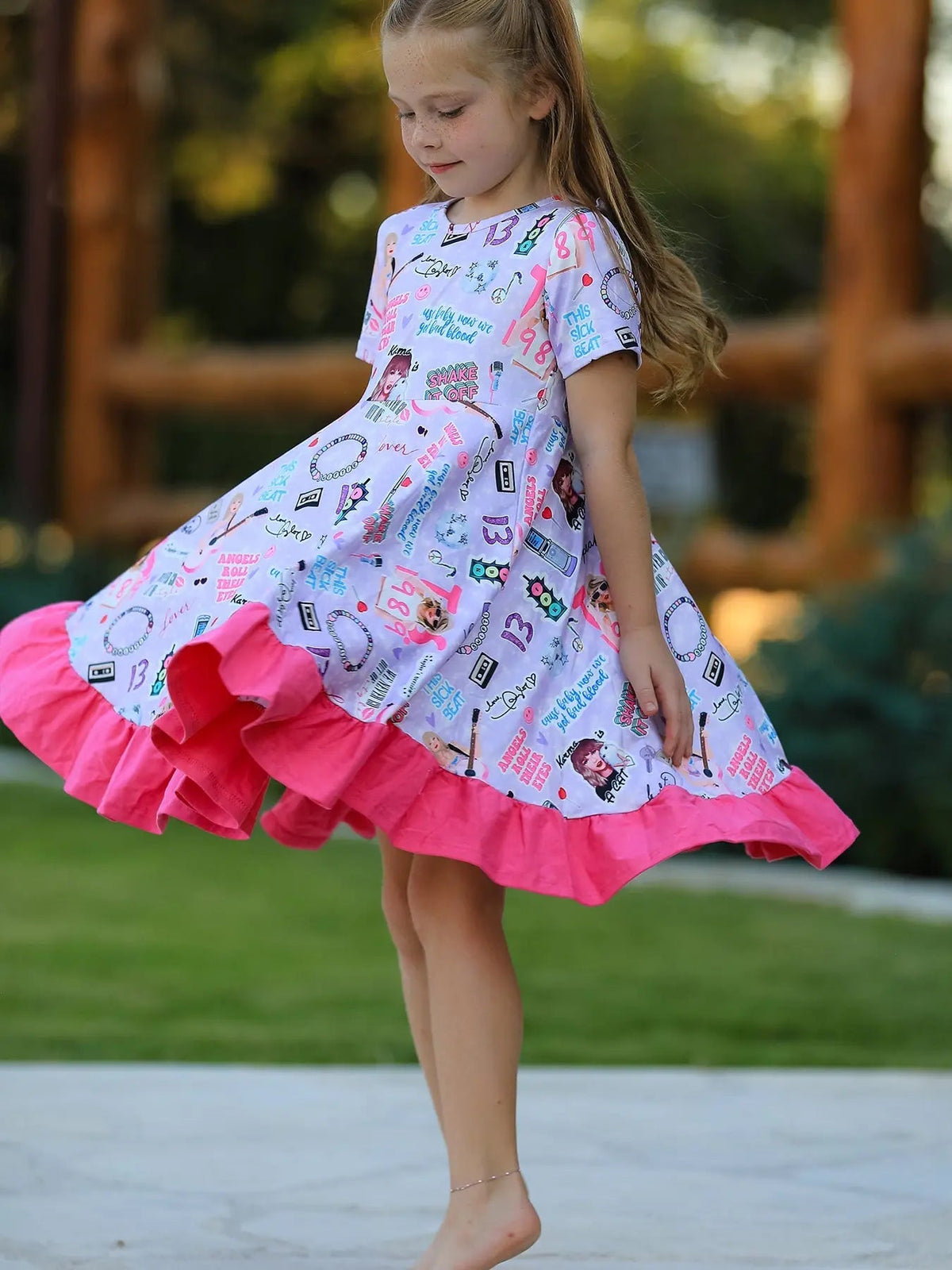 Rylee Faith Designs Purple TS Print Ruffle Girls' Short Sleeve Dress - 