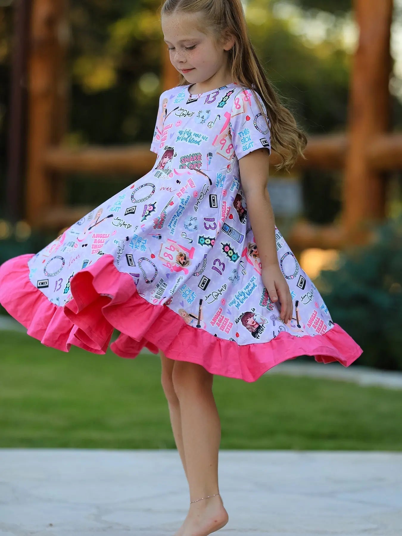 Rylee Faith Designs Purple TS Print Ruffle Girls' Short Sleeve Dress - 