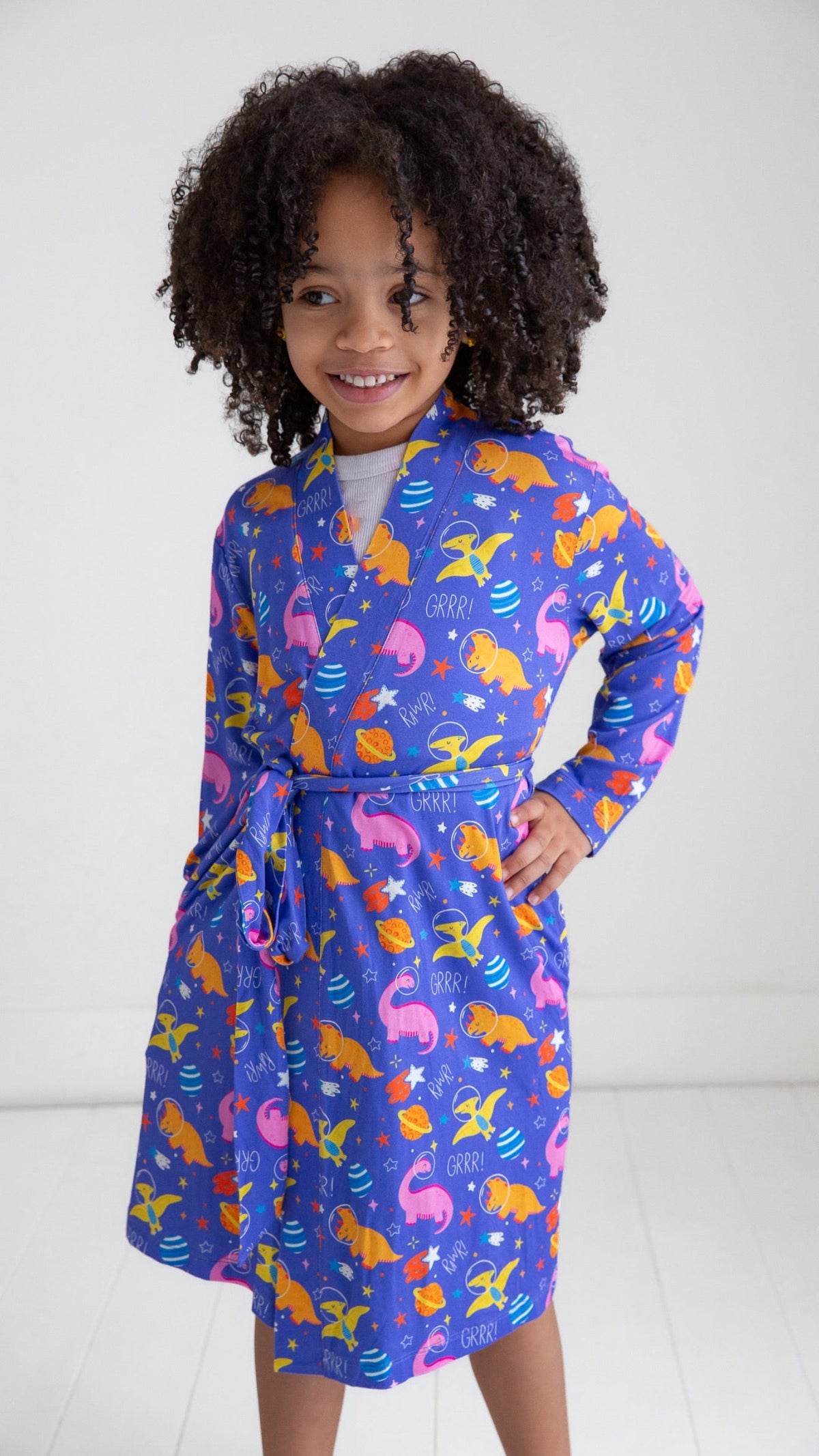Space Dinosaur Bamboo Robe – Purple or Electric Blue by Rayn’s Tiny Stitches