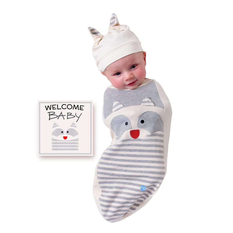 Raccoon Baby SwaddleThis set includes a cocoon swaddle, headpiece, and newborn announcement card. Made of soft, high-quality fabric with a blend of 95% cotton and 5% Lycra, it is suitabEveretts Place: Online Boutique 