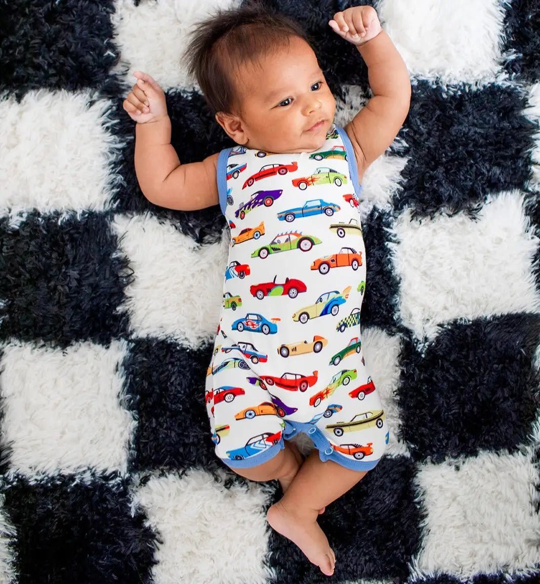 Bestaroo Racing Cars Bamboo Baby Shortall Sleeveless One Piece with Snaps on Shoulders - 