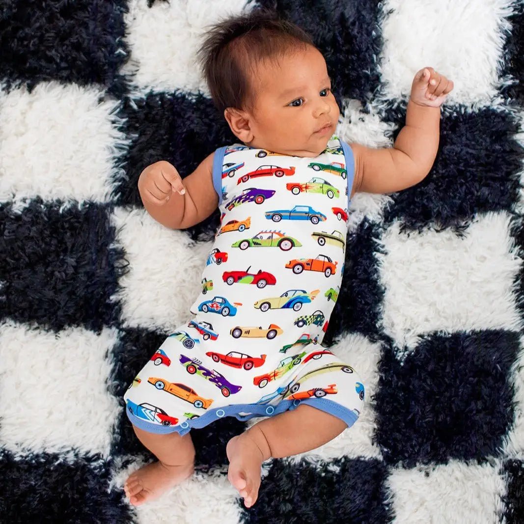 Bestaroo Racing Cars Bamboo Baby Shortall Sleeveless One Piece with Snaps on Shoulders - 