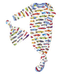 Baby knot gown and matching hat in a race car print with fold-over hand mittens