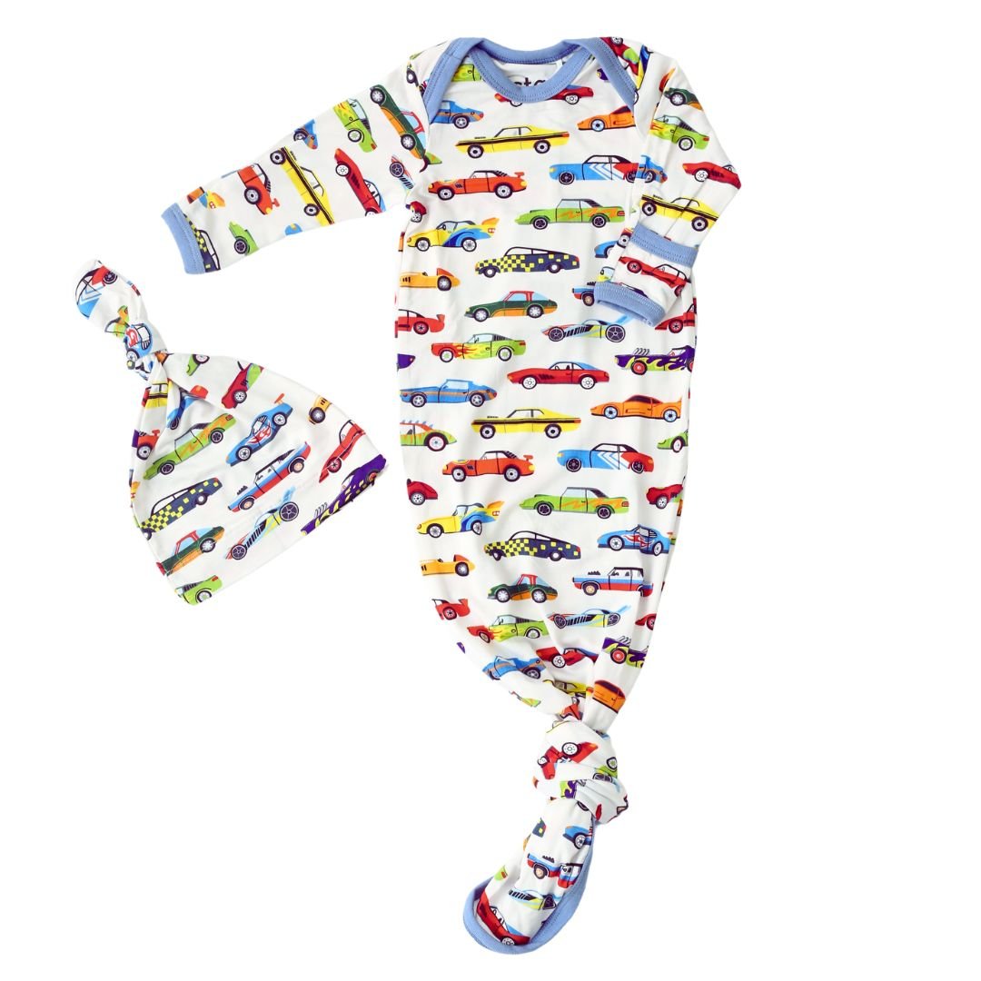 Baby knot gown and matching hat in a race car print with fold-over hand mittens