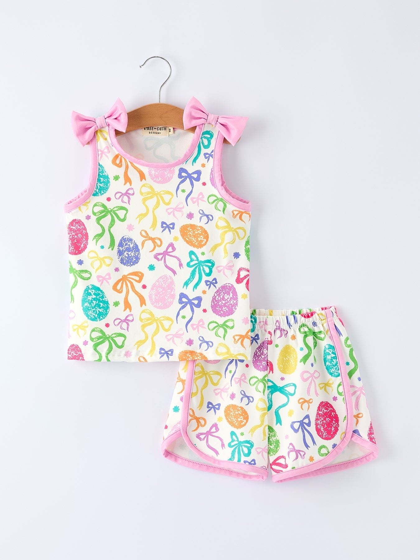 Rylee Faith Designs Rainbow Easter Egg Print Bow Sleeveless Vest Top and Shorts Set - 