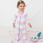 Baby footie pajamas in a rainbow leopard and flower print with a full-length two-way zipper and fold-over mittens.