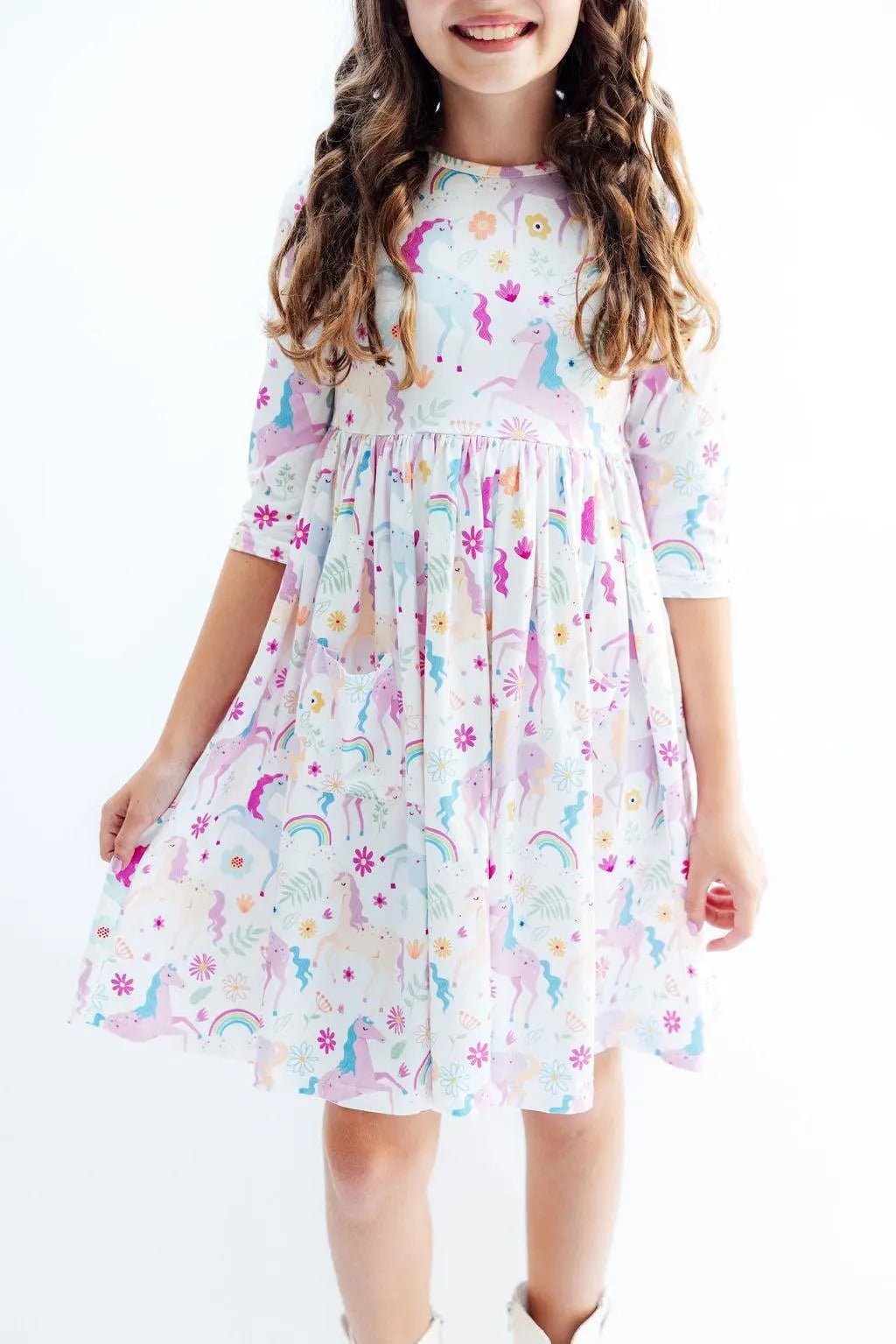 Mila & Rose ® Rainbow Vibes 3/4 Sleeve Pocket Twirl Dress - 