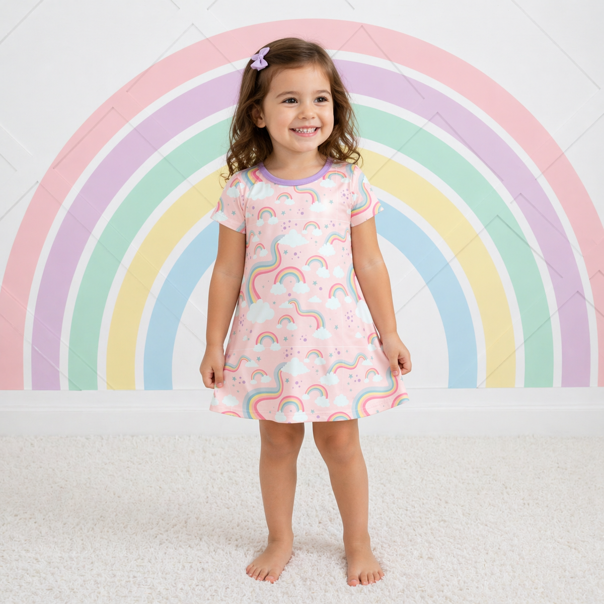 Short sleeve A-line toddler dress with rainbow print on soft bamboo fabric