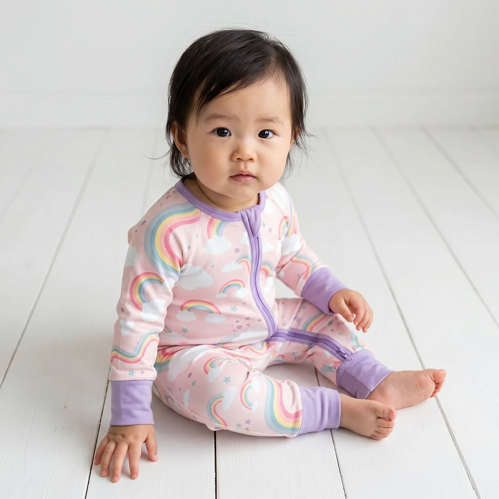 Baby convertible coverall with rainbow print, two-way zipper down the front and convertible fold-over feet
