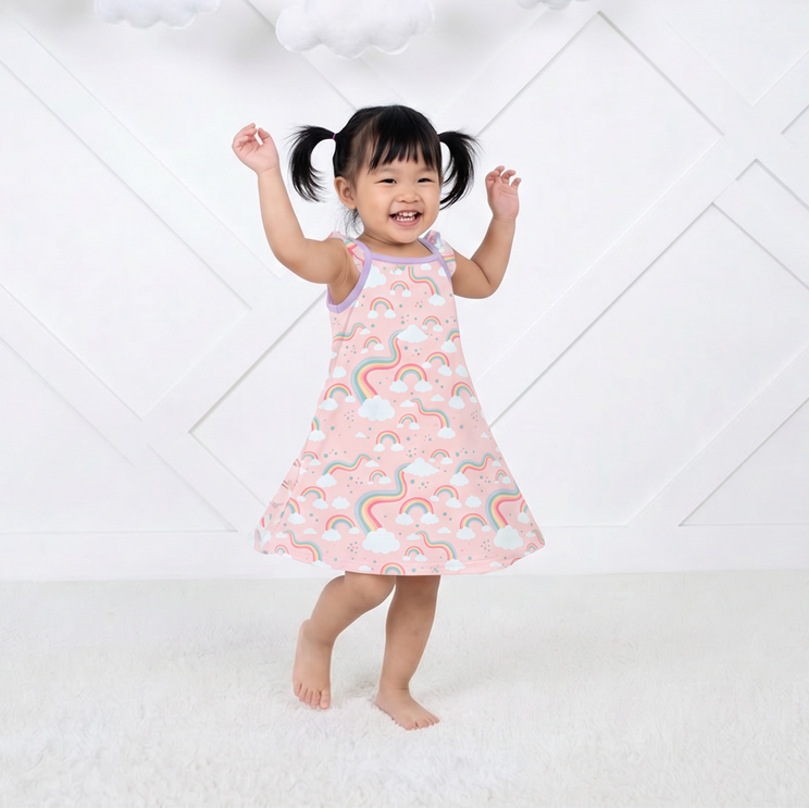 Flutter sleeve dress with rainbow print, made of bamboo viscose blend