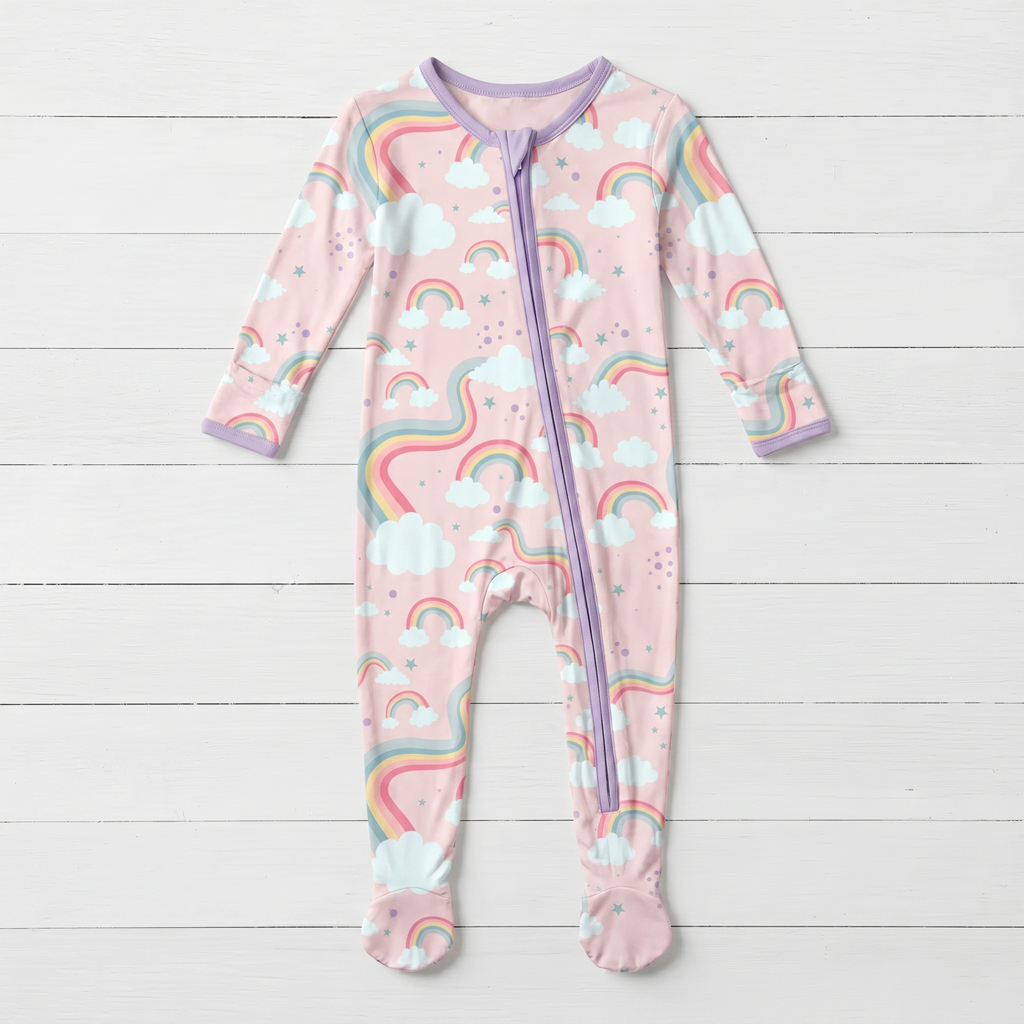 Baby footie pajamas with rainbow print and two-way front zipper