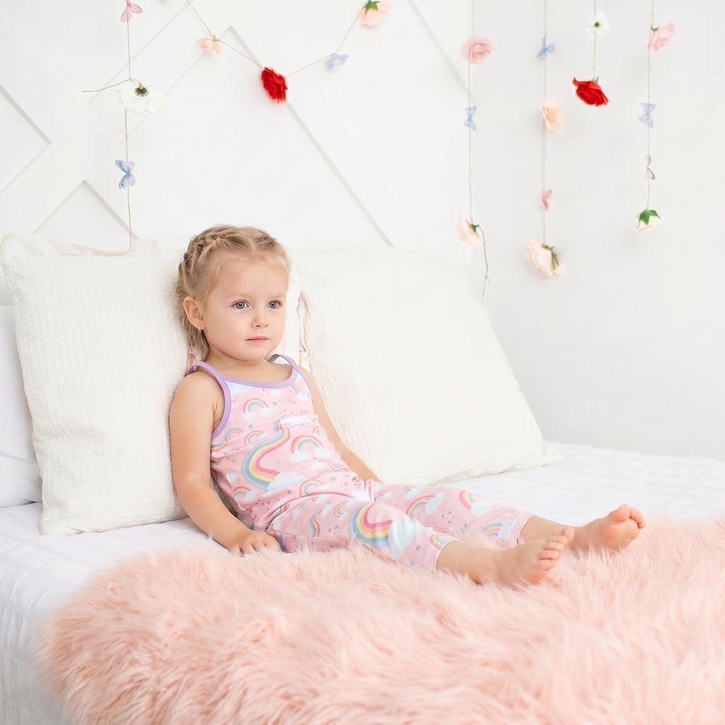 Toddler jumpsuit in a rainbow print with a stretchy round neckline and side pockets