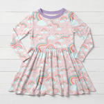 Long sleeve toddler dress with rainbow print and a full twirl skirt