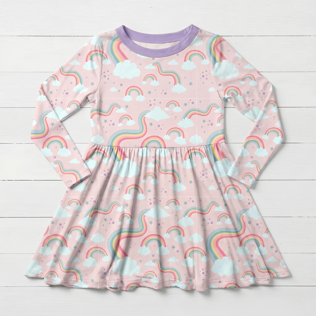 Long sleeve toddler dress with rainbow print and a full twirl skirt
