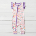 Baby romper with flutter sleeves in a whimsical rainbow print with a front two-way zipper