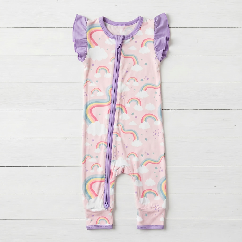 Baby romper with flutter sleeves in a whimsical rainbow print with a front two-way zipper