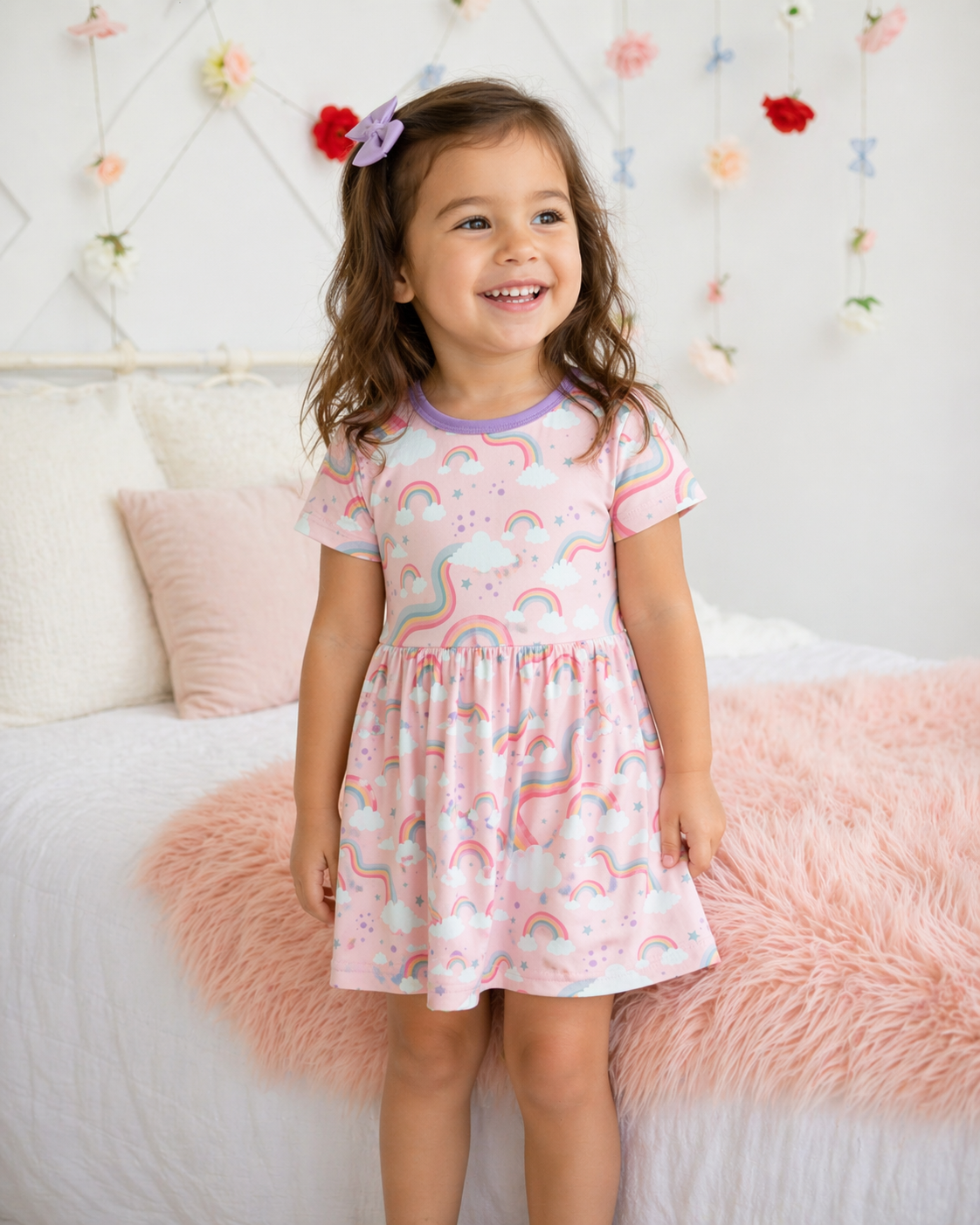 Short sleeve bamboo dress with a rainbow print, shown on a plain background