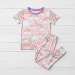 Two-piece short sleeve pajama set with rainbow print top and matching long pants