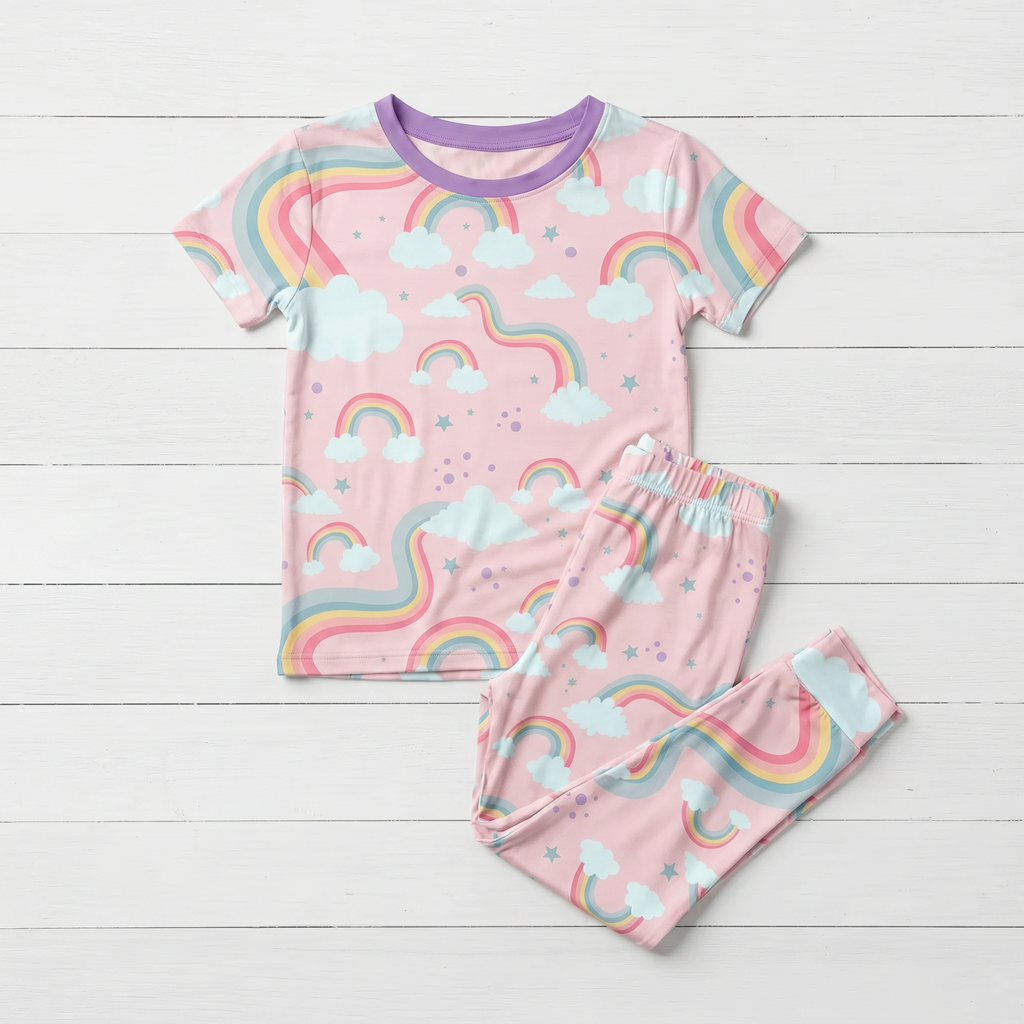 Two-piece short sleeve pajama set with rainbow print top and matching long pants