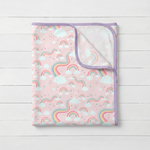 Square baby swaddle blanket with a rainbow print, shown spread out