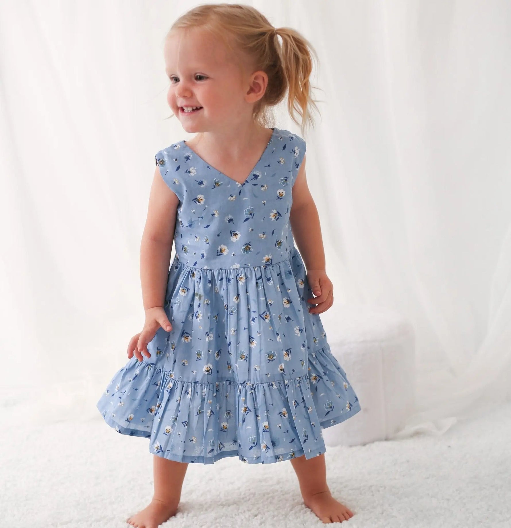 Bestaroo Rani Blue Floral Dress For Girls Easy Pull On Style With Back Buttons - 