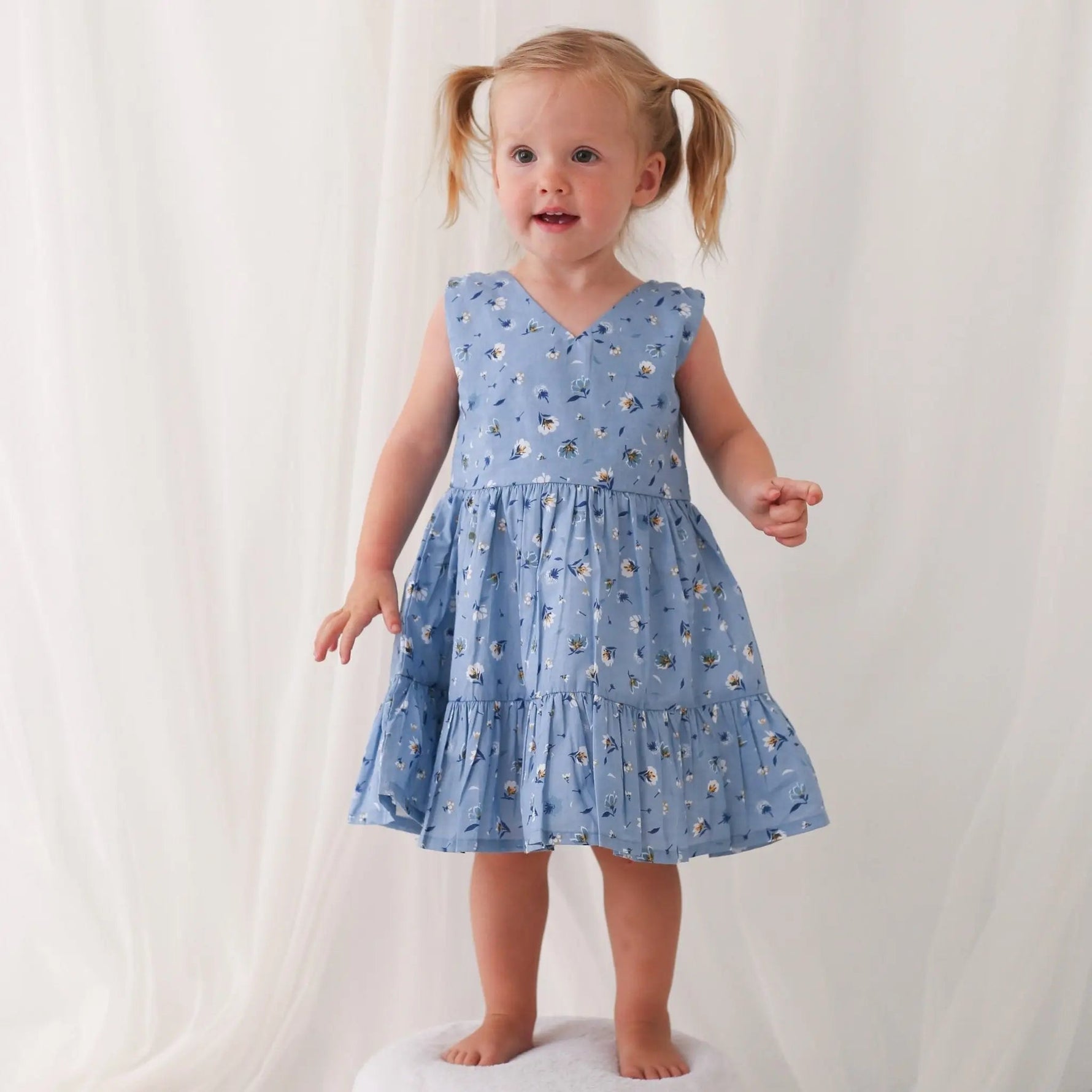 Bestaroo Rani Blue Floral Dress For Girls Easy Pull On Style With Back Buttons - 