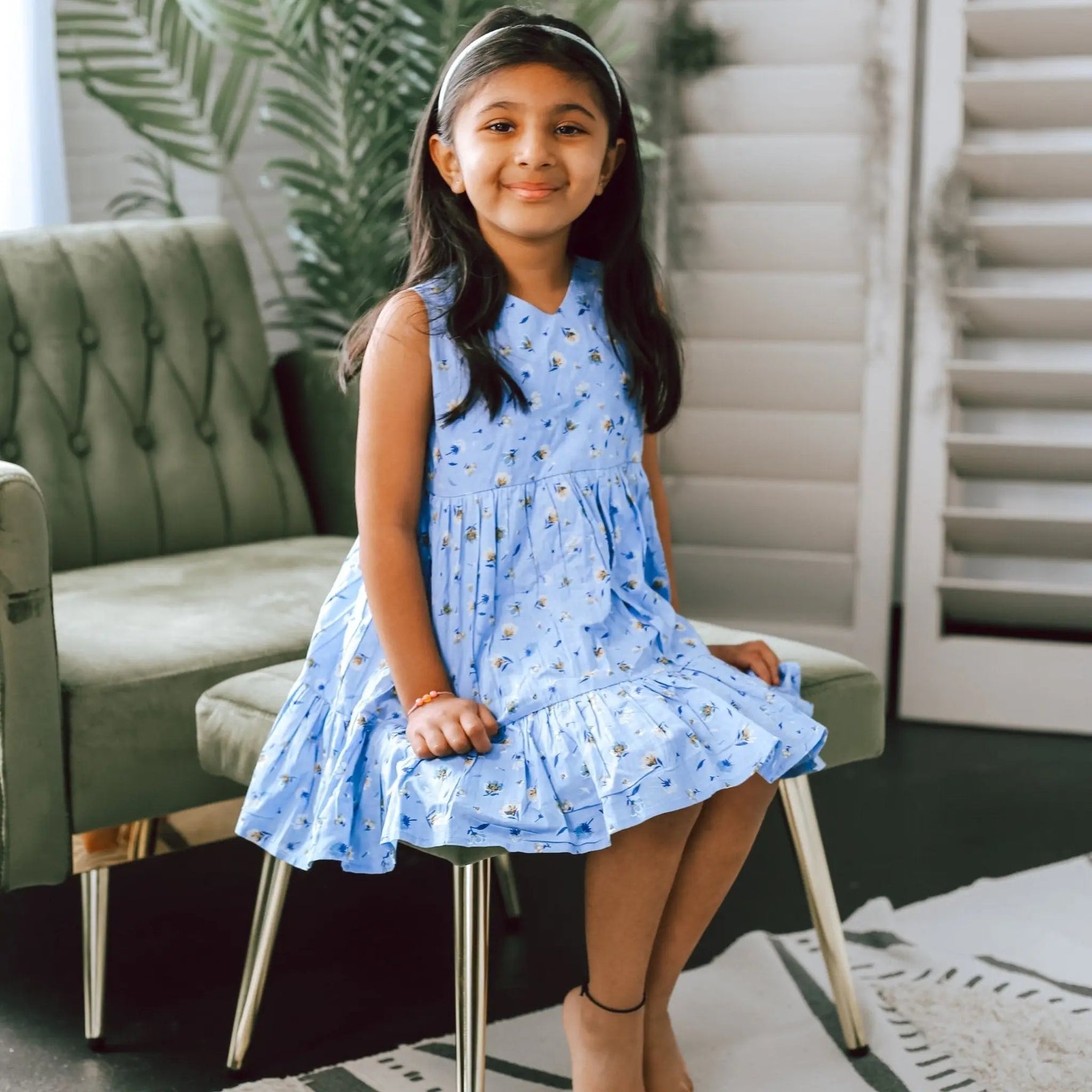 Bestaroo Rani Blue Floral Dress For Girls Easy Pull On Style With Back Buttons - 