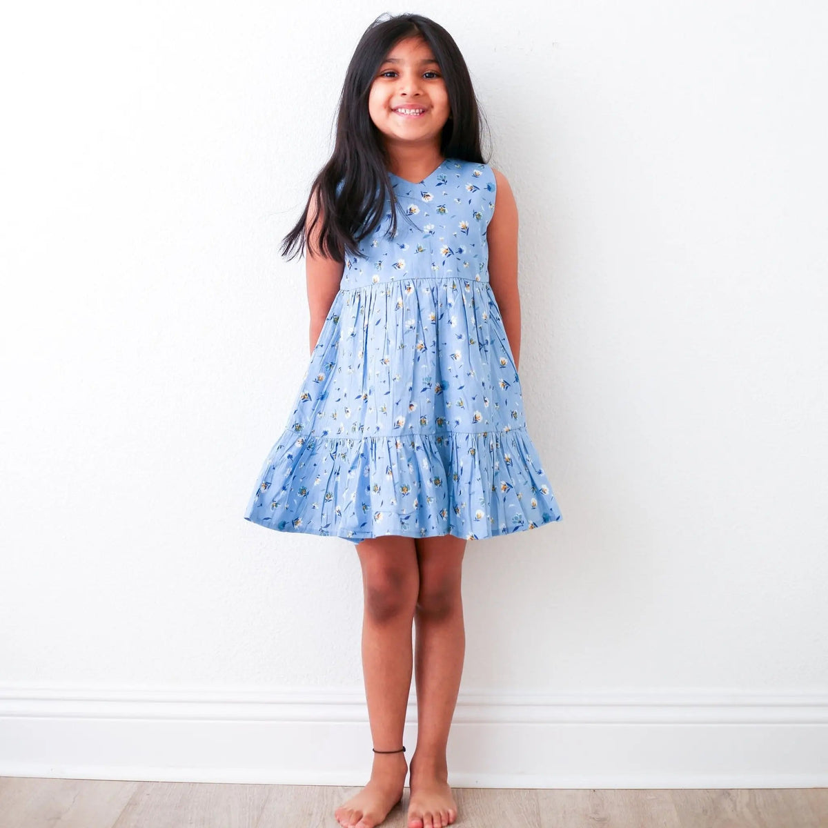 Bestaroo Rani Blue Floral Dress For Girls Easy Pull On Style With Back Buttons - 