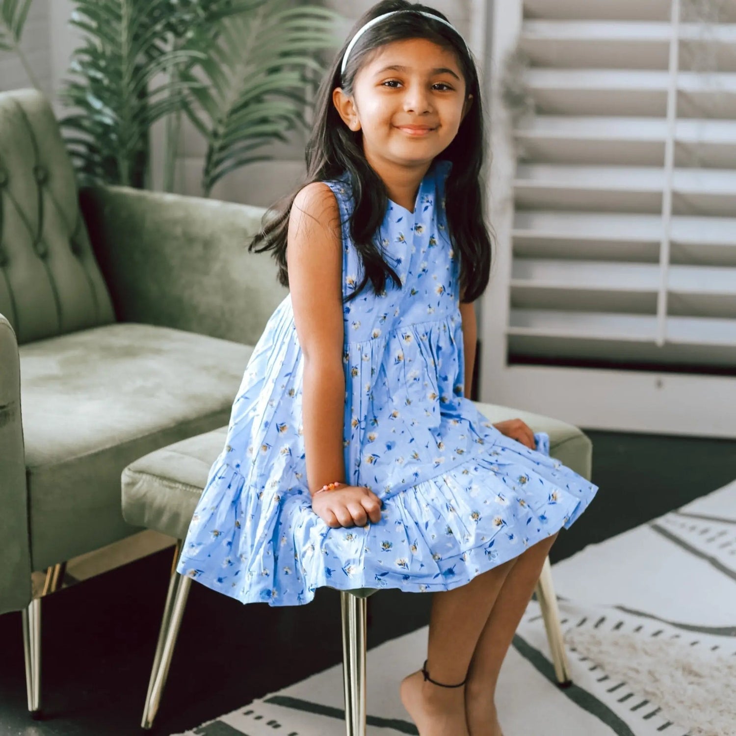 Bestaroo Rani Blue Floral Dress For Girls Easy Pull On Style With Back Buttons - 