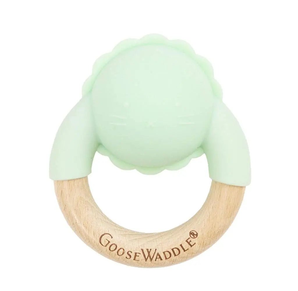 Goosewaddle® | Newborn Baby Blankets Toys Teethers Bibs & More Rattle Teether Wooden + Silicone (4 Colors) - 