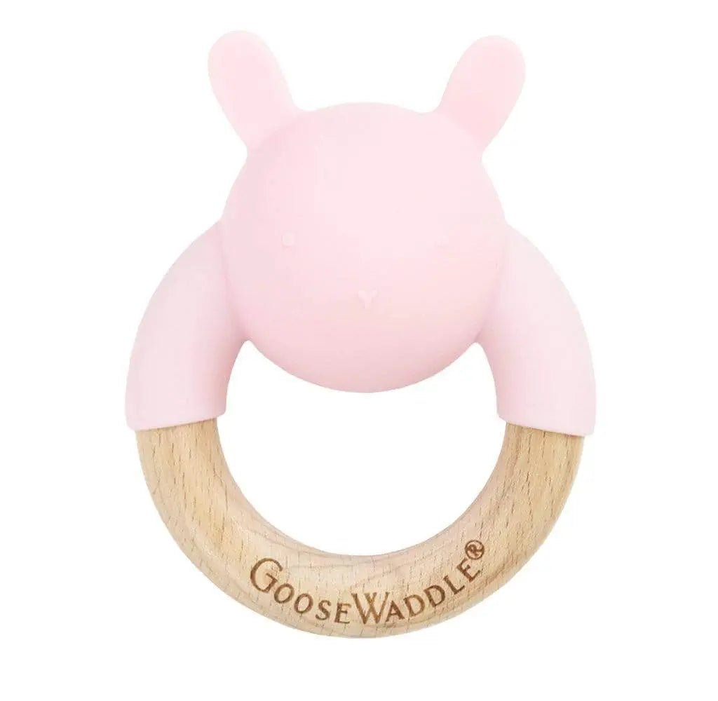 Goosewaddle® | Newborn Baby Blankets Toys Teethers Bibs & More Rattle Teether Wooden + Silicone (4 Colors) - 