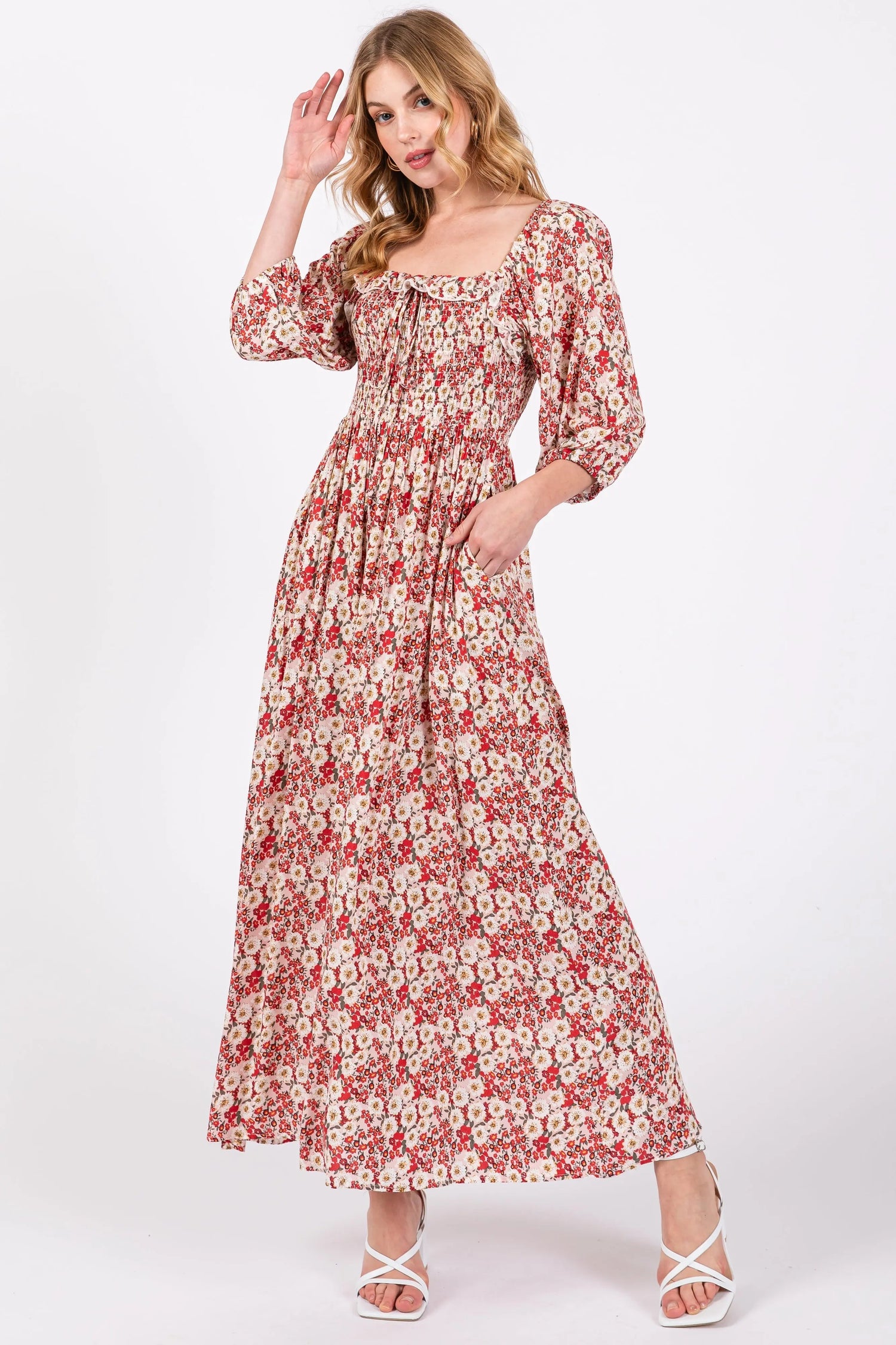 PinkBlush Red Abstract Floral Smocked Maxi Dress - 