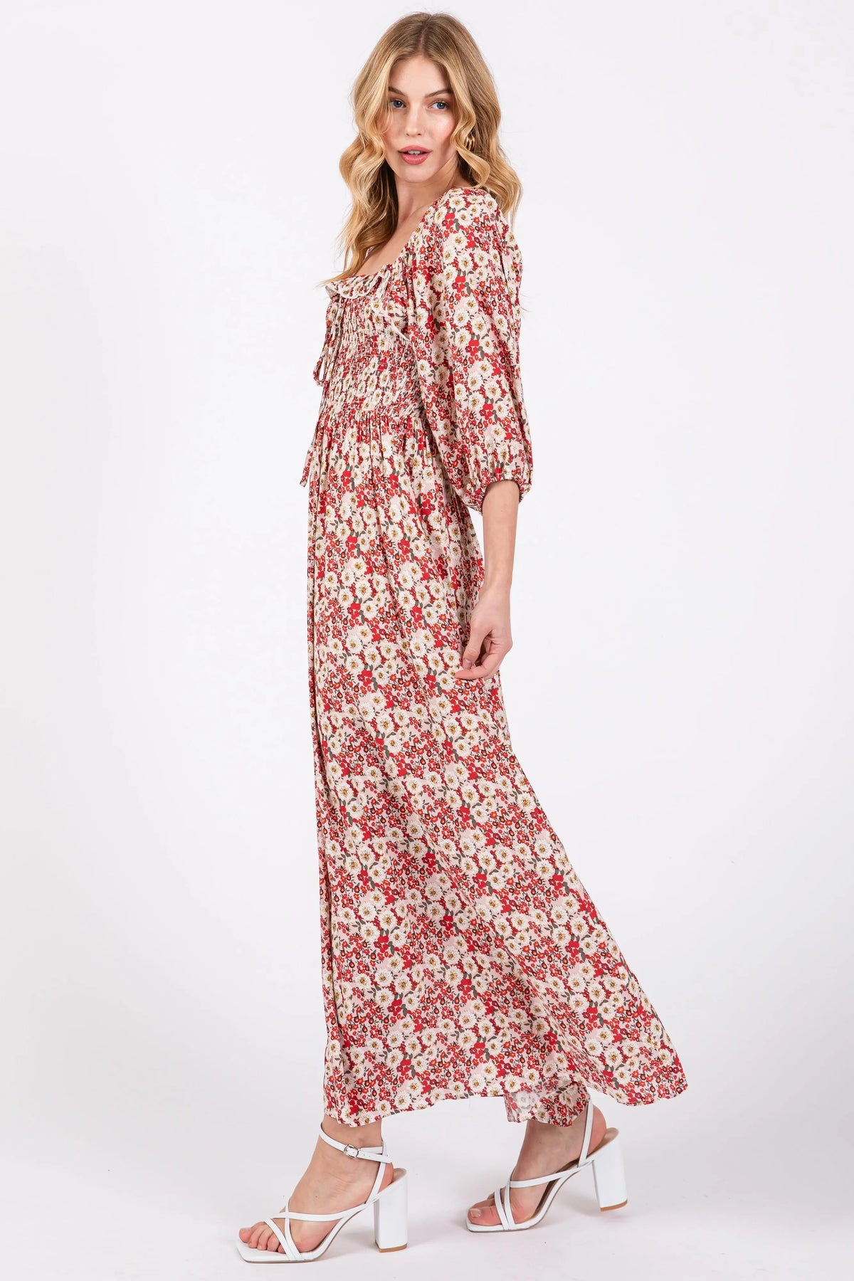 PinkBlush Red Abstract Floral Smocked Maxi Dress - 