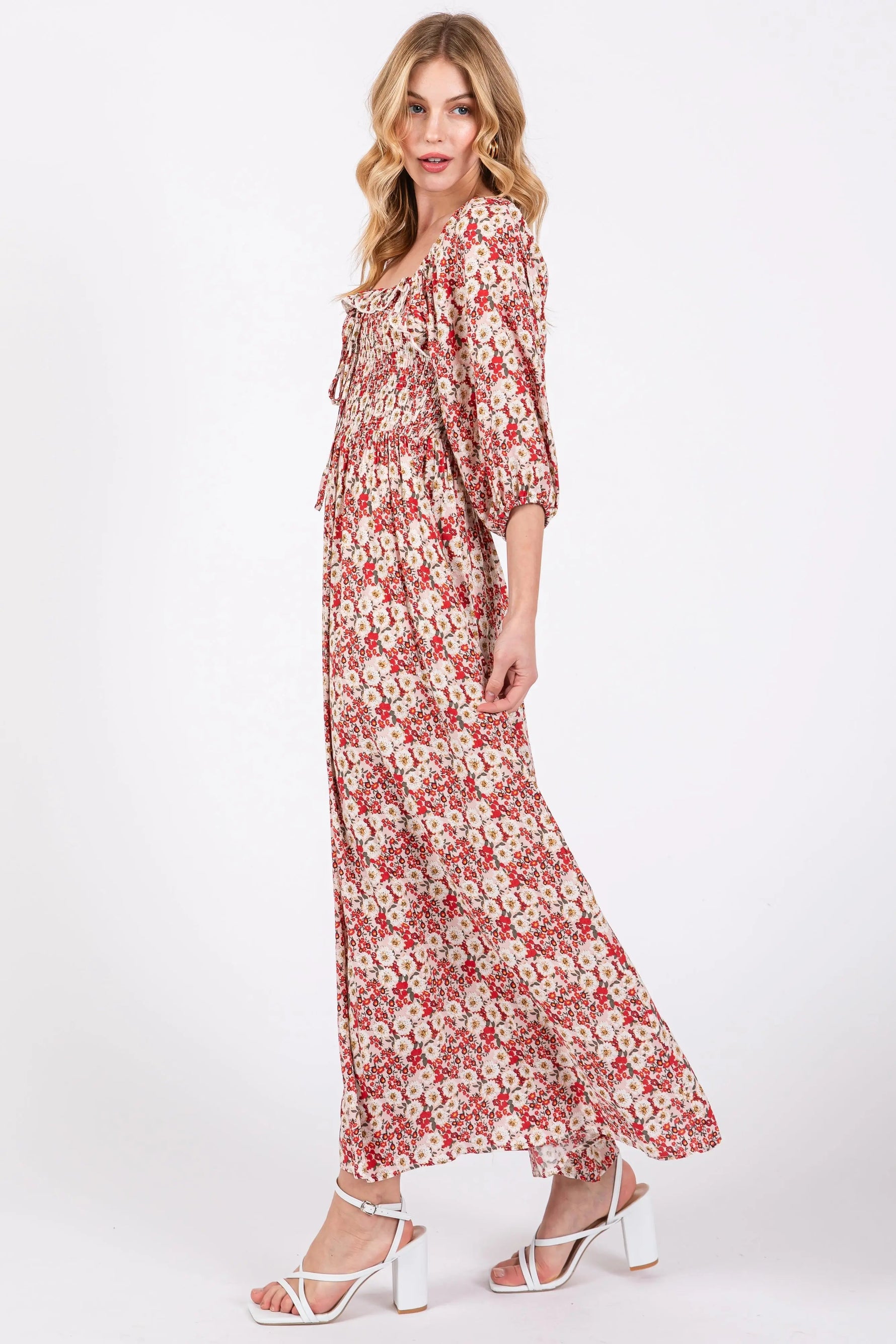 PinkBlush Red Abstract Floral Smocked Maxi Dress - 