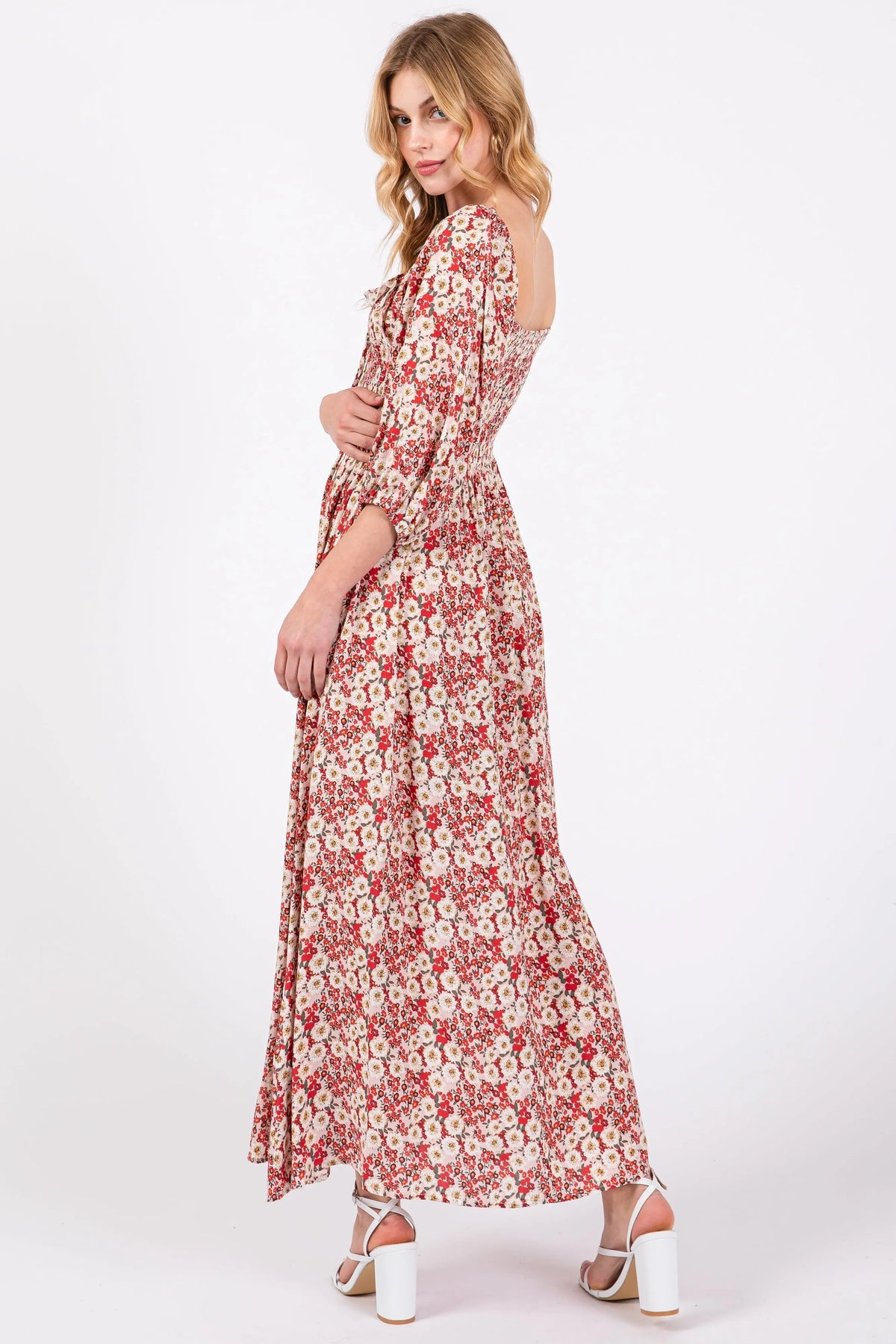 PinkBlush Red Abstract Floral Smocked Maxi Dress - 