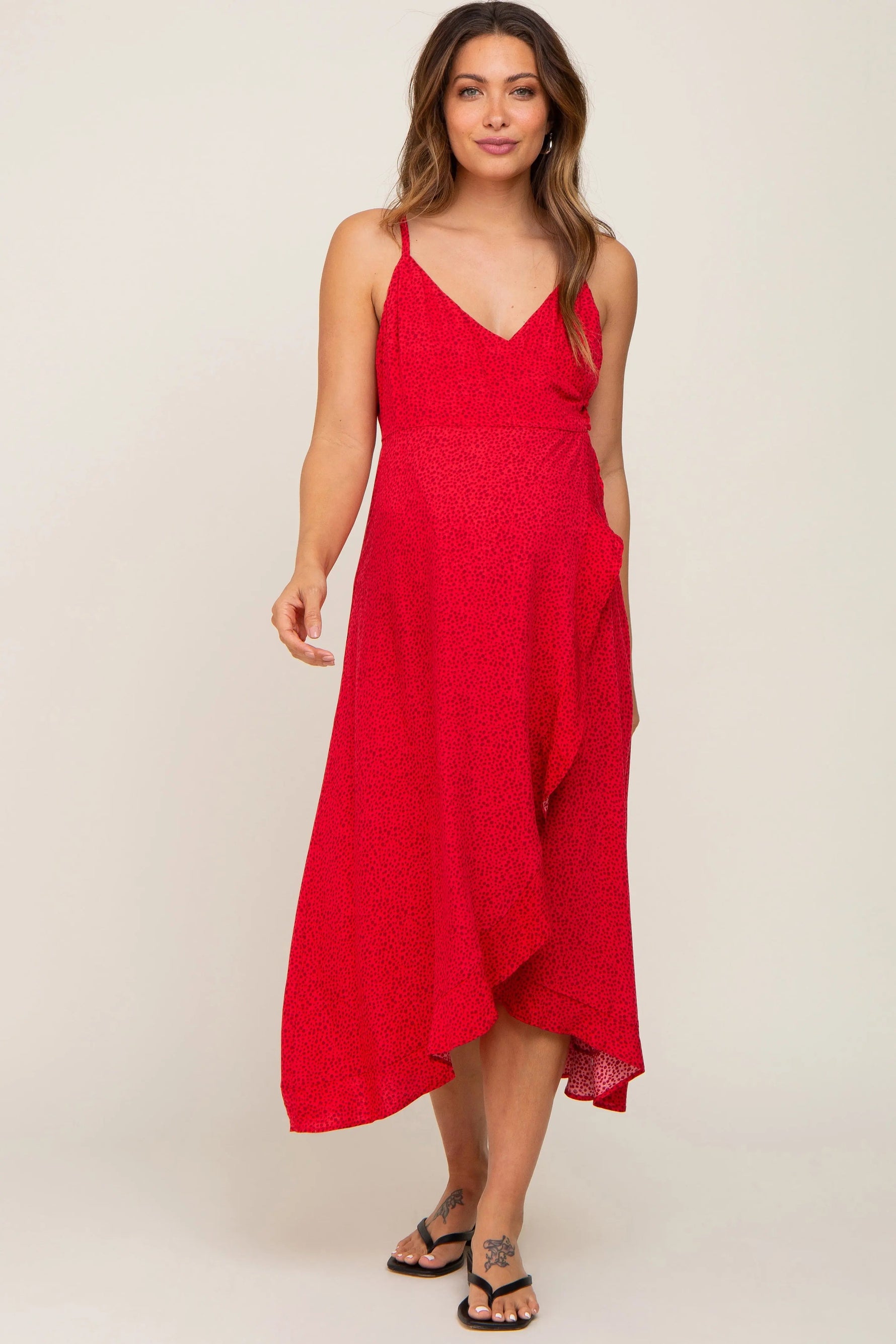Red Animal Print Wrap Maternity Midi Dress - Red, Day Dress, One-piece garment, Dress, Person | Everetts Place