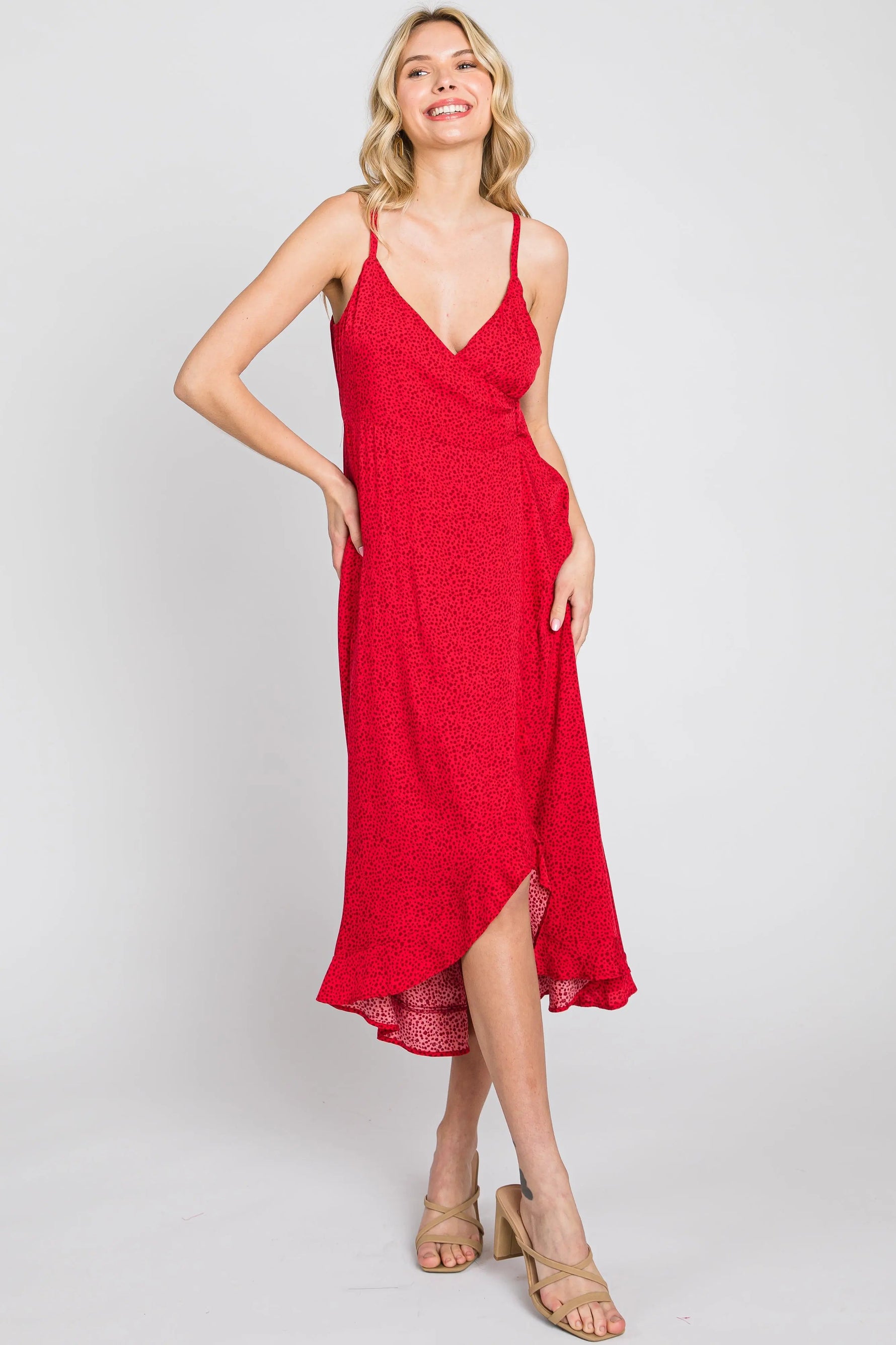 PinkBlush Red Animal Print Wrap Maternity Midi Dress - 