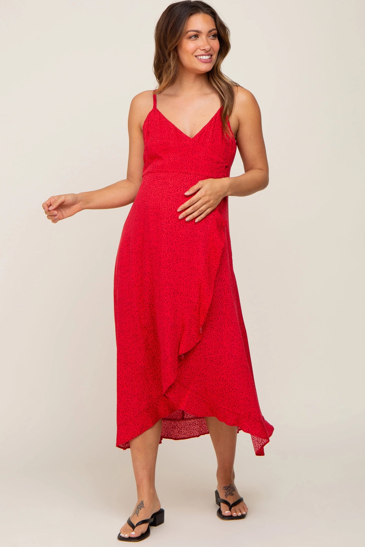 PinkBlush Red Animal Print Wrap Maternity Midi Dress - 