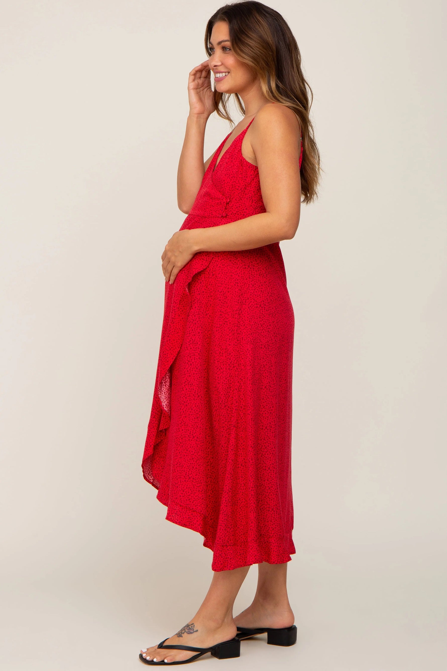 PinkBlush Red Animal Print Wrap Maternity Midi Dress - 