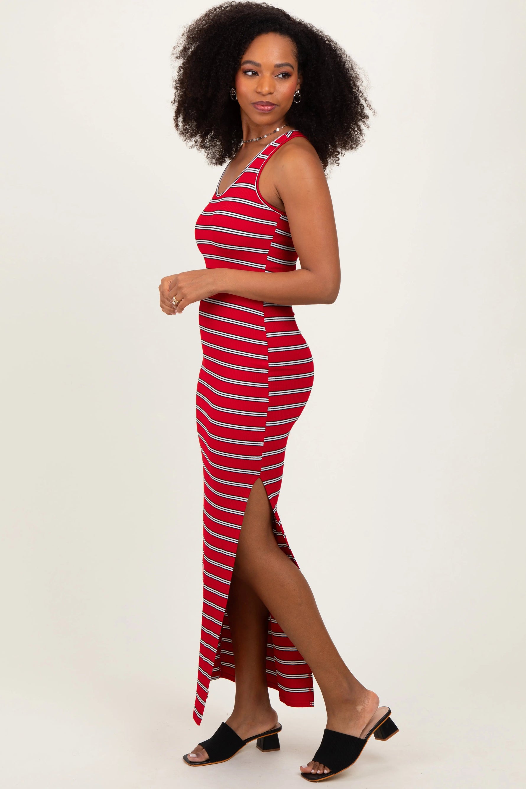 PinkBlush Red Black Striped Side Slit Maxi Dress - 