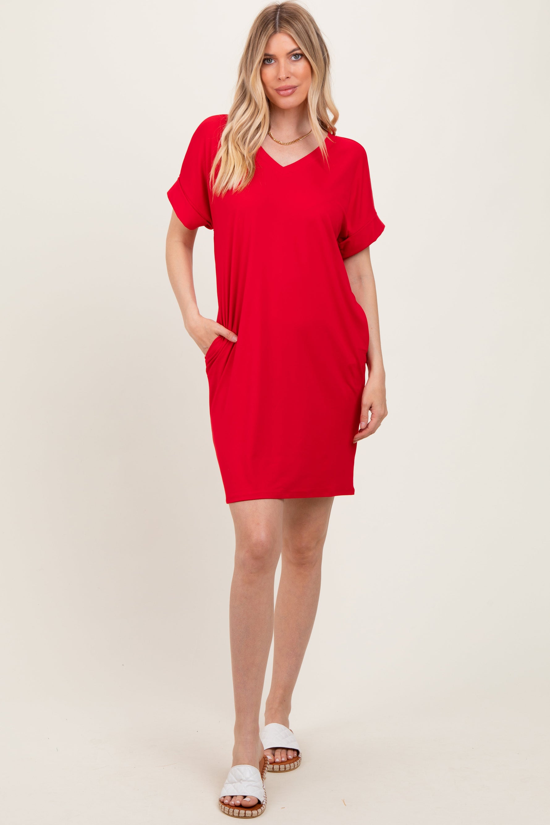 PinkBlush Red Brushed Rolled Short Sleeve V - Neck DressEveretts Place