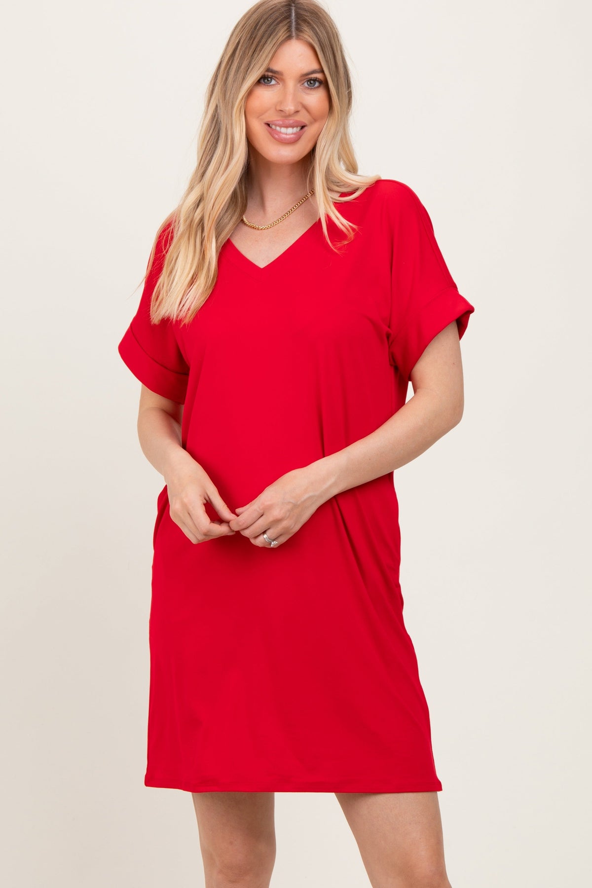 PinkBlush Red Brushed Rolled Short Sleeve V - Neck Maternity DressEveretts Place